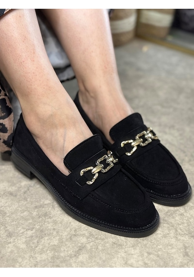 Günlük Kadın Loafer Makosen Klasik Alçak Topuklu Desenli Taban Zincirli Oval Burunlu Ayakkabı 150 Siyah - Süet