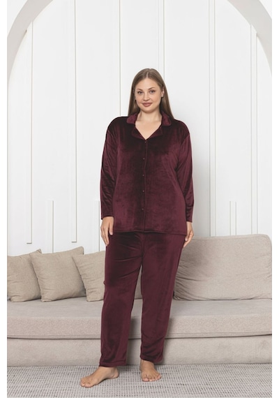 Büyük Beden Boydan Düğmeli Kadife Pijama Takımı Bordo