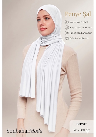 Sonbaharmoda Kadın Tesettür Luxury Penye Şal Kaymaz, Yumuşak, Dört Mevsim Kullanım Şal Kahverengi Beyaz