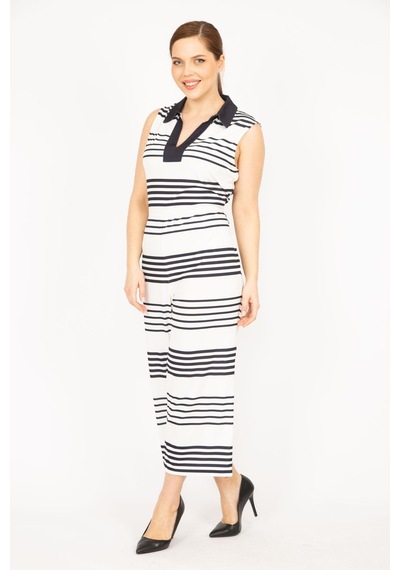 Şans Kadın Lacivert Büyük Beden V Ayakalı Arkası Gizli Fermuarlı Tulum-lacivert Lacivert