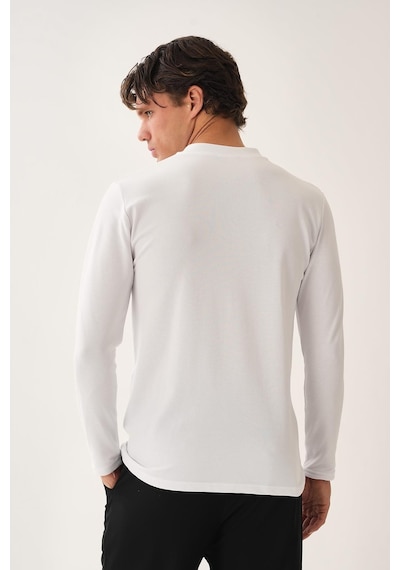 V Yaka Yırtmaç Detaylı Uzun Kollu T-shirt Beyaz
