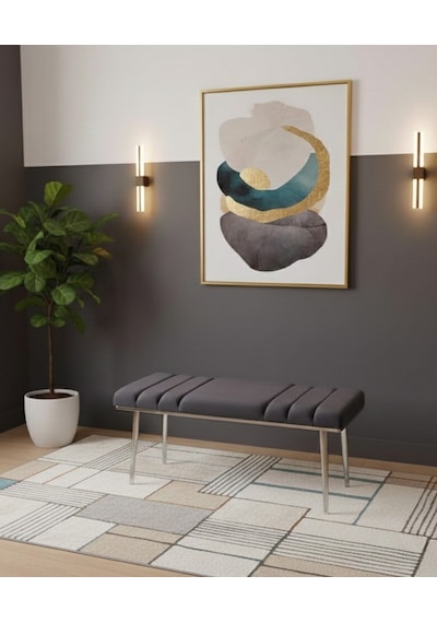 Özcan Metal Krom Metal Ayaklı Metal Kasalı Bench Mutfak Salon Antre Yatak Odası Balkon Puf Bank Antrasit