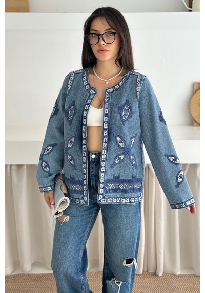 Femelle Etnik Desenli Pul Payet Nakışlı Denim Kot Ceket Vintage Bohem Tarz - 2789 mavi
