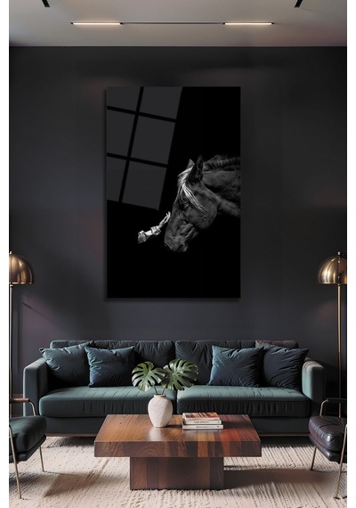Siyah Beyaz At Ve İnsan Temalı Minimalist Cam Tablo Duygusal Modern Duvar Dekoru Portre Temalı Dekoratif Duvar Tablosu, Salon Ve Yatak Odası Dekoru,
