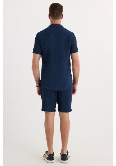 Tudors Erkek Slim Fit Dar Kesim Apaş Yaka Beli Bağcıklı İndigo Gömlek Şort Takım-37572 İndigo