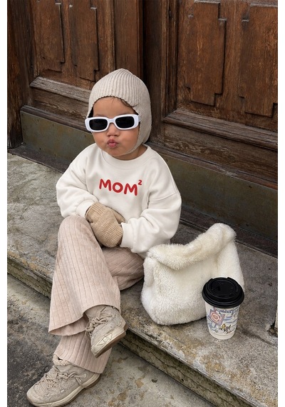 Monila Unisex Çocuk Anne Baskılı 3 İplik Kumaş Pamuklu Sweatshirt Ekru