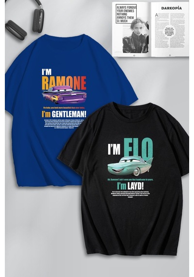 Unisex Kadın Erkek Ramone,flo Layd Ve Gentleman Baskılı Sevgili Çift Kombini Tasarım Oversize Tshirt Mavi Siyah Mck0500 Çok Renkli