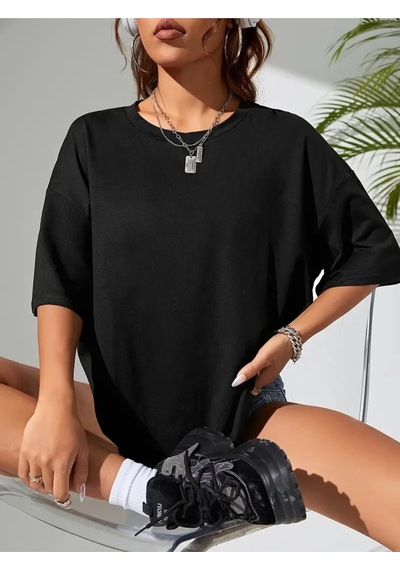 Wear Vexel Kadın Tişört Büyük Boy Ayıcık Baskılı Bisiklet Kısa Kol T-shirt - Siyah Siyah