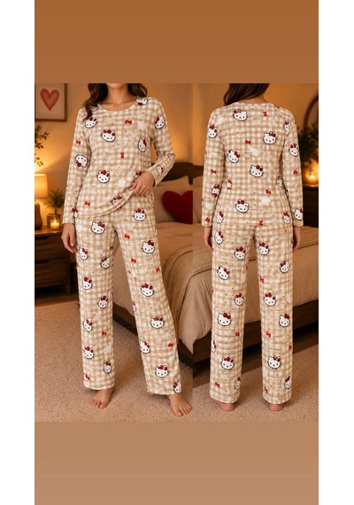 Lila İç Giyim Kadın Kareli Desenli Baskılı Uzun Kollu Pijama Takımı Rahat Ev Giyim Seti Krem Lila İç Giyim Kadın Kareli Desenli Baskılı Uzun Kollu Pijama Takımı Rahat Ev Giyim Seti Krem