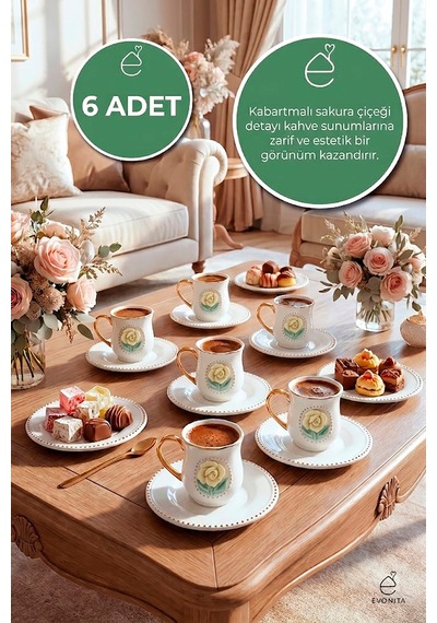 6 Kişilik 12 Parça Porselen Kahve Fincan Takımı Sakura Çiçek Desenli Şık Türk Kahvesi Seti Siyah