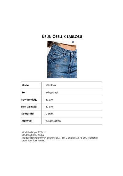 Itsbasic Kadın Mavi T-4s6-4 Straight Mini Parlak Yıldız Taşlı Özel Tasarım Denim Etek