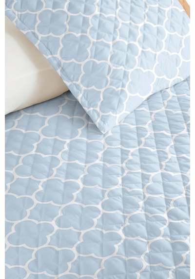 Mavi Geometrik Modern Genç Odası Tek Kişilik Pike Takımı - Beyaz Kapitone Yatak Örtüsü 160x220 Cm Kadife Defne Rüyası