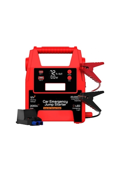 20000mah 12v Şarjlı Akü Takviye Cihazı 2000a Tepe Akım Lcd Ekranlı Led Işıklı Jump Starter Powerbank