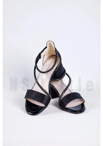 Nese Shoes Kız Çocuk Taşlı Bilekten Cırtlı Abiye Ayakkabı, Kız Çocuk Topuklu Ayakkabı Siyah