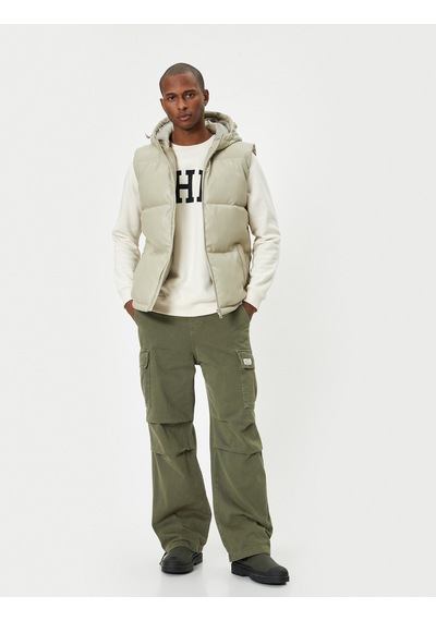 Koton Şişme Yelek Slim Fit Kapşonlu Fermuarlı Cepli Bej 5wam20043hw Ekru