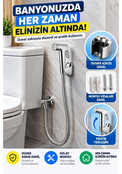 Krom Tabancalı Taharetmatik Taharet Musluğu Seti 100 Cm Spiral Çelik Hortumlu Duvar Askılı Wc Spreyi