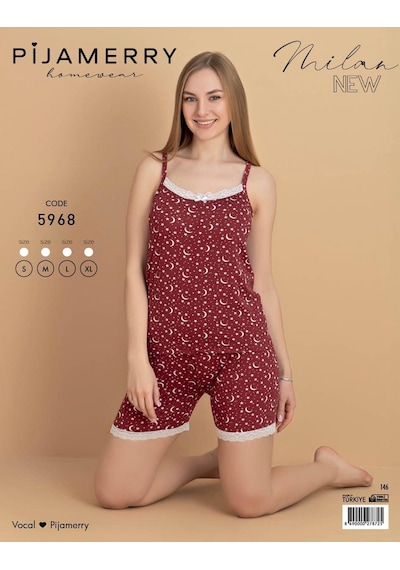 Pijamerry Kadın İp Askılı Milan Kumaş Likralı Şortlu Pijama Takımı 5968 - 1 Adet Bordo