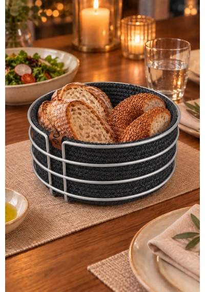 Mat Gümüş Yuvarlak Ekmek Sepeti, Ekmeklik Sunum Sepeti, Antrasit Gri Makrome Çok Amaçlı Paslanmaz Metal Renkli