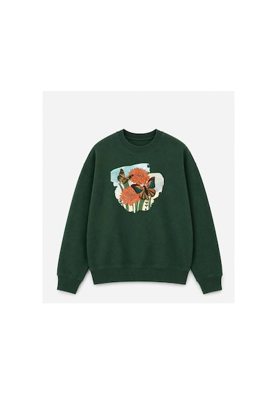 Herkesemoda Kelebek Ve Çiçek Baskılı 2 İplik Şardonlu Bisiklet Yaka Sweatshirt Yeşil