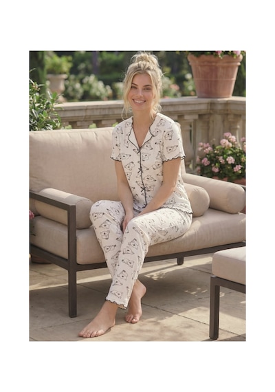 Eyfuze Kadın Baskılı Fiyonk Detaylı Raporlu Kaşkorse Kısa Kollu Pijama Takımı Beyaz-6