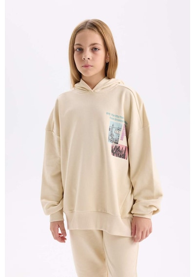 DeFacto 	Kız Çocuk 2'li Takım Bisiklet Yaka Baskılı Sweatshirt Beli Lastikli Jogger Eşofman Altı D4057A824WNER42 Ekru