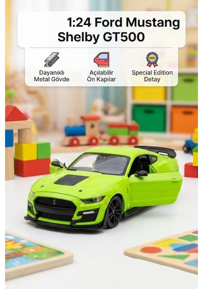 Maisto Lisanslı Metal Ford 2020 Mustang Shelby Gt500 1:24 Kapıları Açılabilir Oyuncak Model Araba Yeşil