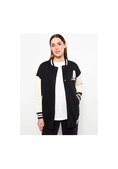 LC Waikiki Lcw Modest Siyah Bomber Yaka Nakışlı Kadın Kolej Ceket