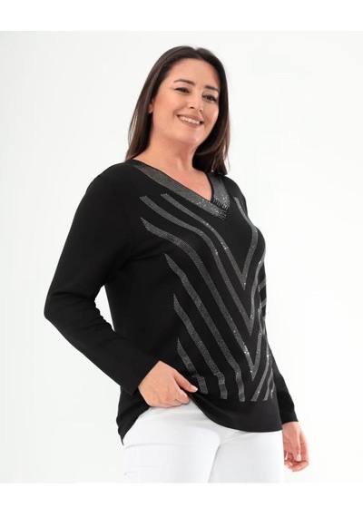 Kısmet Sepeti Kadın Gümüş Taşlı V Yaka Düz Kol Siyah Bluz