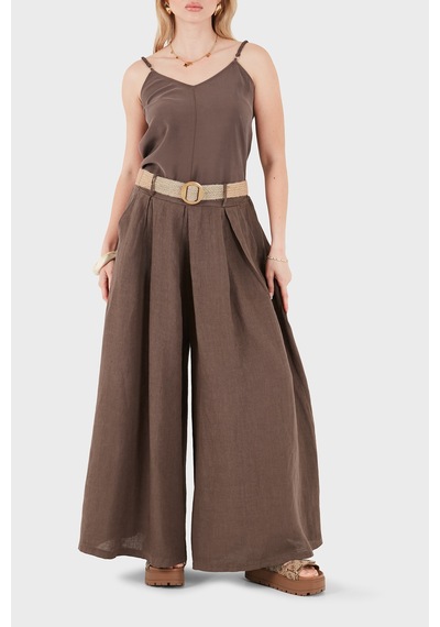 Via Dante Relaxed Fit Yüksek Bel Bol Paça Keten Pantolon Bayan Pantolon 7544 Kahve