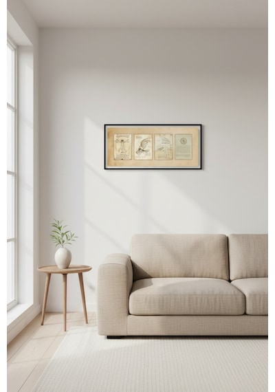Leonardo Da Vinci Çizimleri Tablo Çerçeveli Vintage Sanat Tablosu Ofis Salon Duvar Dekoru