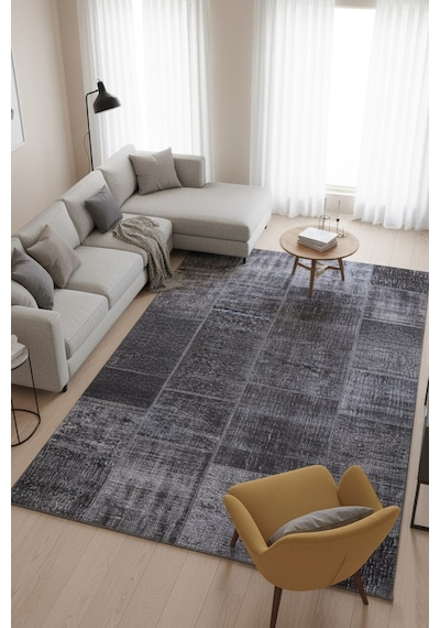 Artloop Jazz Patchwork Desenli Dokuma Taban Dekoratif Siyah Halı Al 81