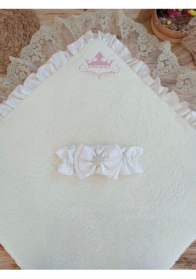 Yenidoğan Wool Yün Kumaş Taç Nakışlı Güpür Duvaklı Fiyonk Prizma Taş Unisex Kundak Bebek Battaniyesi Pembe