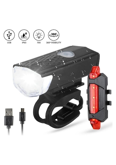 Su Geçirmez Usb Şarj Led Bisiklet Scooter Ön Far Arka Işık Lambası Işık Seti Bisiklet Far Kırmızı  - Siyah