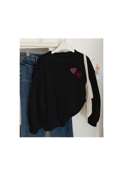 Herkesemoda Göğüs Kalp Baskılı Bisiklet Yaka İçi Polarlı Sweatshirt Siyah