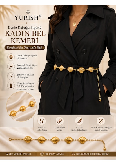 Yurısh Kadın Gold Midye Figürlü Bel Zinciri Kemer - Elbise Pantolon Ve Etek Uyumlu Şık Aksesuar
