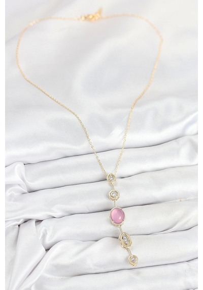 Pirinç Zincir Pembe Gold Renk Zirkon Taşlı Y Kolye - Tj-bko10554 Çok Renkli