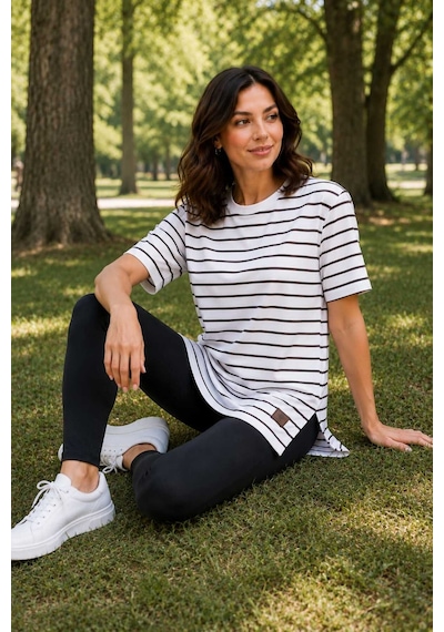 Tenra Kadın Beyaz Çizgili Oversize Kısa Kol Basic Tunik Tişört Siyah