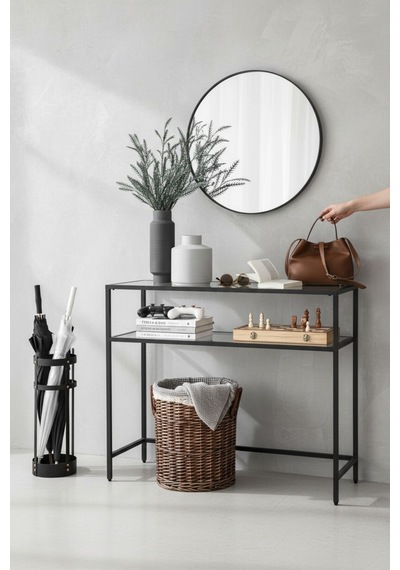 Modern 2 Katlı Siyah Renk Metal Iskeletli Cam Raflı Dresuar Konsol Modern 2 Katlı Siyah Renk Metal Iskeletli Cam Raflı Dresuar Konsol