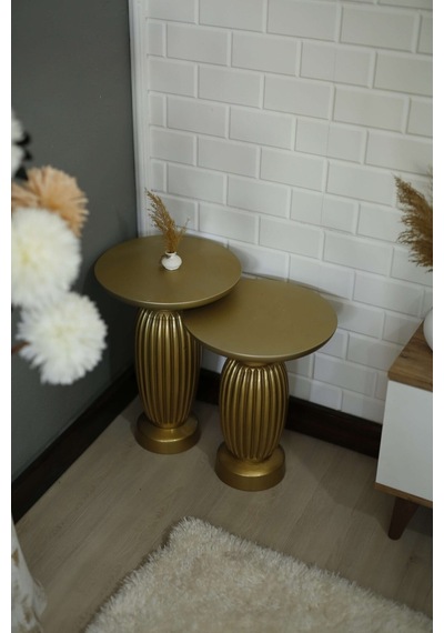 Wood Ahşap 2'li Set Mantar Yan Sehpa Konik Model / Altın Renk / Zigon Sehpa Kahverengi