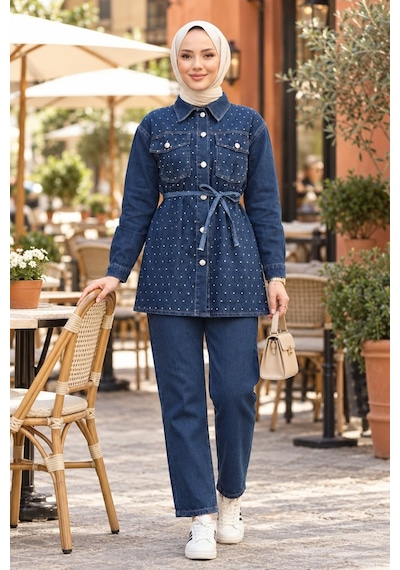 Hb Harma Time Butik Kadın Taş Detaylı Tunik Pantolon İkili Koyu Mavi Kot Takım