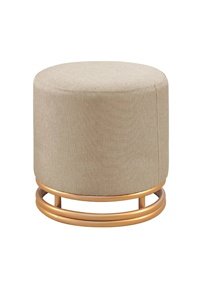 Nuvi Puf Gold Metal Çerçeveli Keten Çok Amaçlı Dekoratif Oturak, Makyaj Oturağı,montajsız Puf Bench Cappuccino