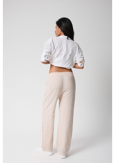 Kadın Beli Lastikli Cepli Keten Pantolon-3 Bej