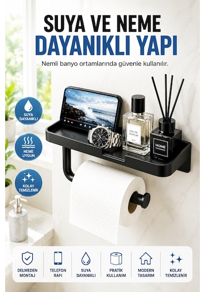 Siyah Yapışkanlı Raflı Tuvalet Kağıdı Askılığı Delmeden Montaj Banyo Organizer Telefon Rafı Askısı