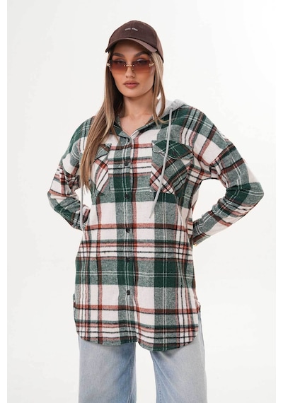 Polologin Butik Kadın Yeşil Beyaz Kapşonlu Araboy Tunik Yeşil