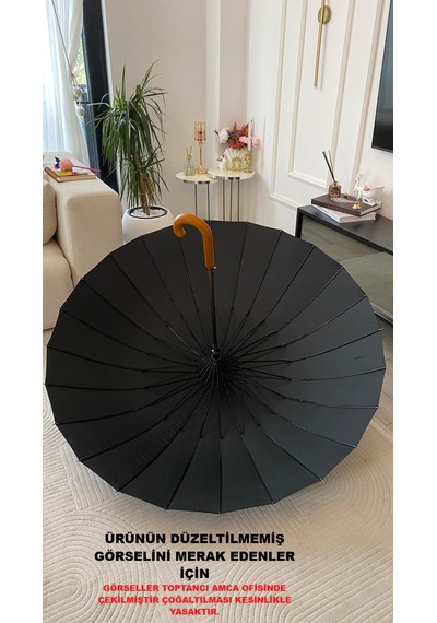 Toptancı Amca Şemsiye 24 Tel Bay Lüx Baston Ahşap Sap Sky-60 120 Cm Çap Gerçek Fiber İskelet Siyah