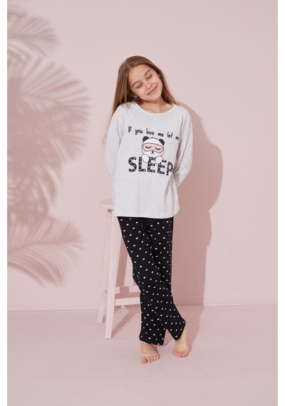 Siyah İnci Pamuklu Örme Pijama Takım 24241109 Gri