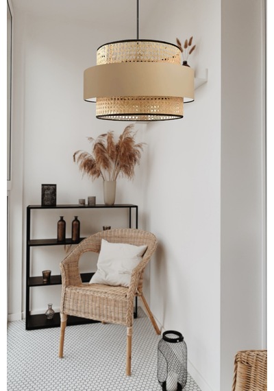 Bohem Trio Metal Kasalı Gerçek Rattan Ve Kahve Kumaş Salon Avize Üç Katlı Pasta Yatak Odası Sarkıt Kahverengi
