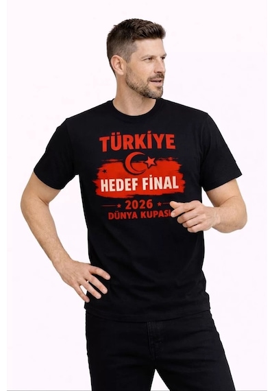Erkek Türkiye Baskılı Tişört Ay Yıldız 2026 Dünya Kupası Taraftar Forma T-shirt - Siyah