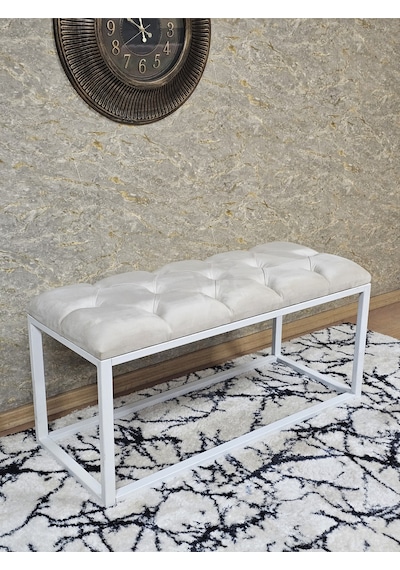 Zafir Beyaz Boyalı Diktörtgen 100 Cm X 40 Cm Oturak Puf - Bench - Makyaj Oturağı - Oturak Krem