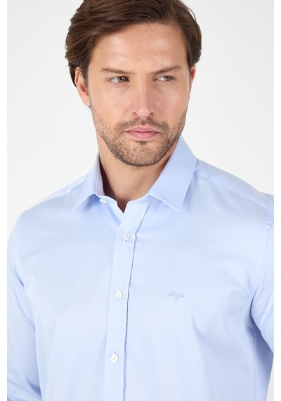 İmza Mavi Sert Yaka Düz Classic %100 Pamuk Slim Fit Gömlek 1004250324 Mavi